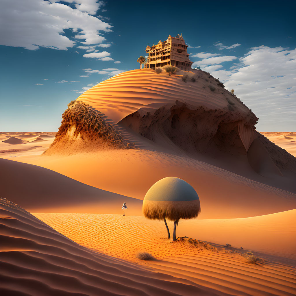 Person near spherical tree in desert with dunes & traditional building on sand hill