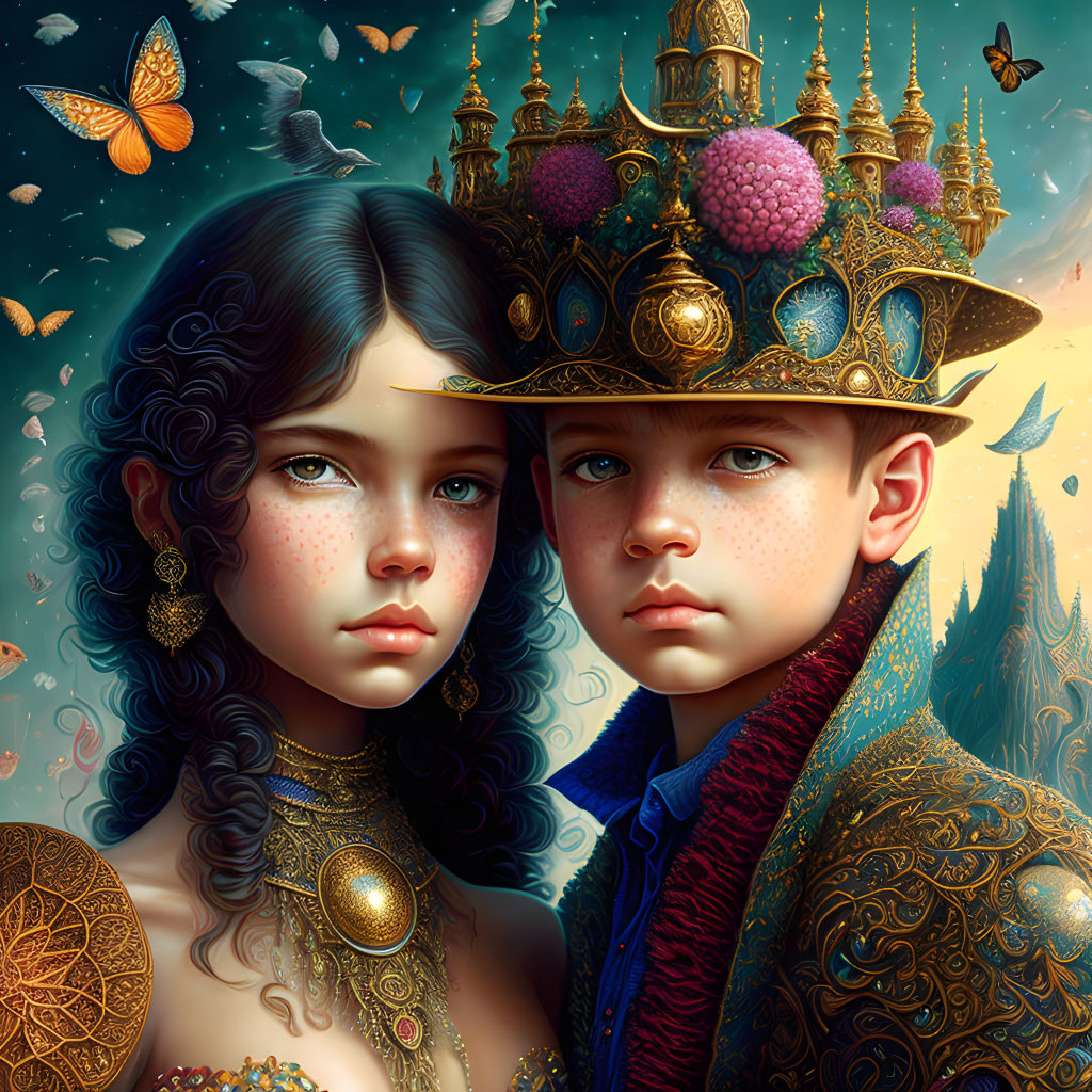 Regal children in gold attire with butterflies on fantasy backdrop