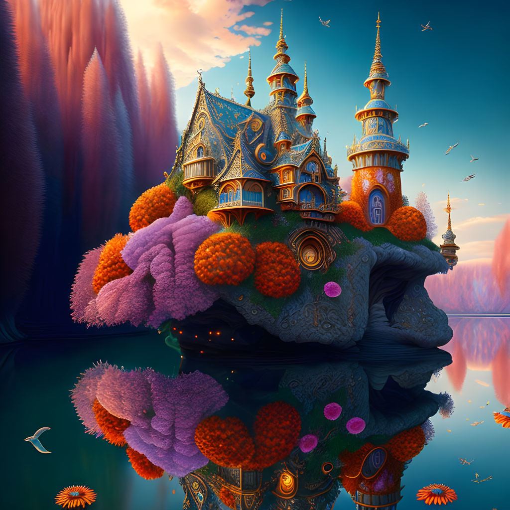 Fantasy castle with ornate spires on floating island with colorful flora