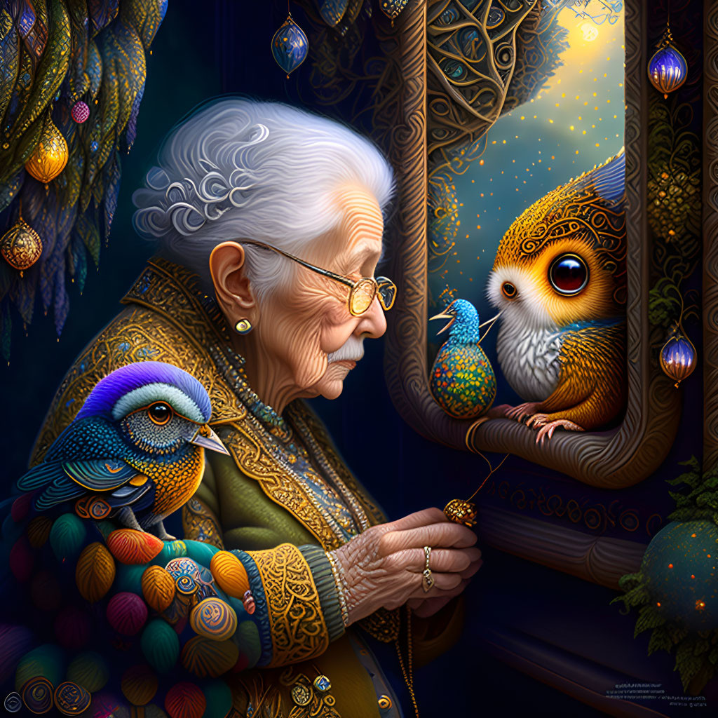 Elderly woman with glasses, owl, and bird in whimsical scene