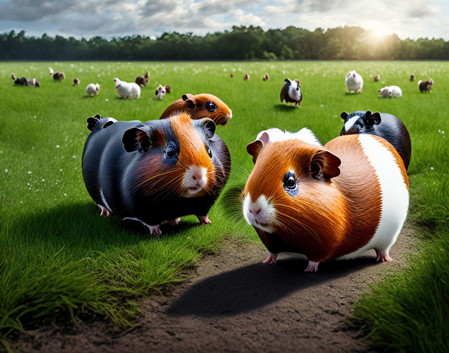 Oversized guinea pigs in grassy field with sheep under sunny sky