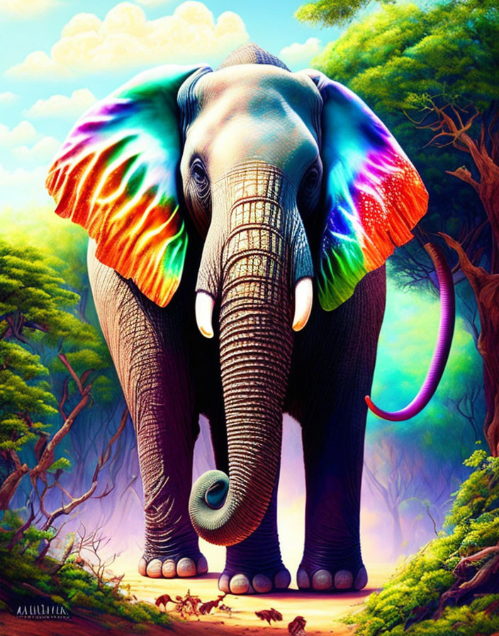 Colorful digital artwork: Elephant with iridescent ears in fantastical forest