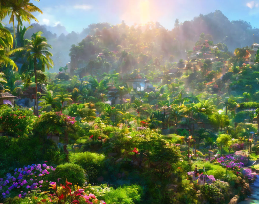 Vibrant tropical landscape with flowers, dense foliage, and hillside village in warm sunlight.