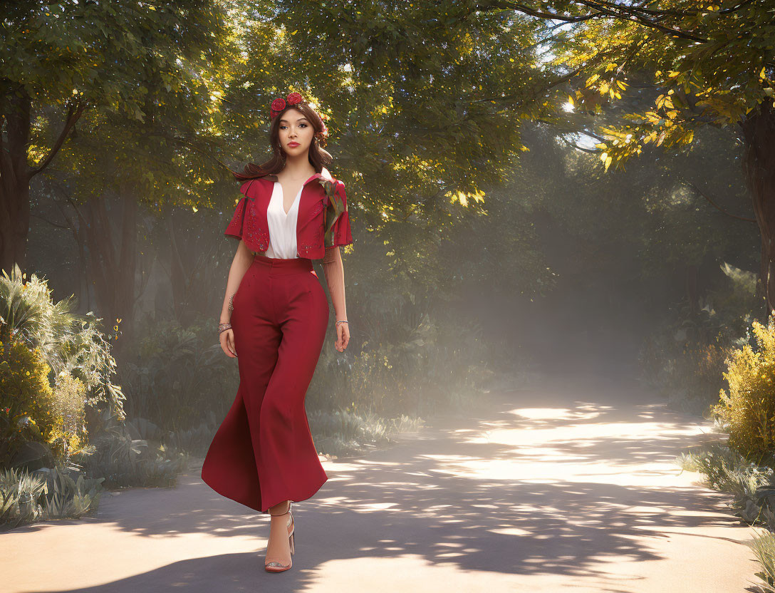 Stylish woman in red outfit with floral headpiece on sunlit path