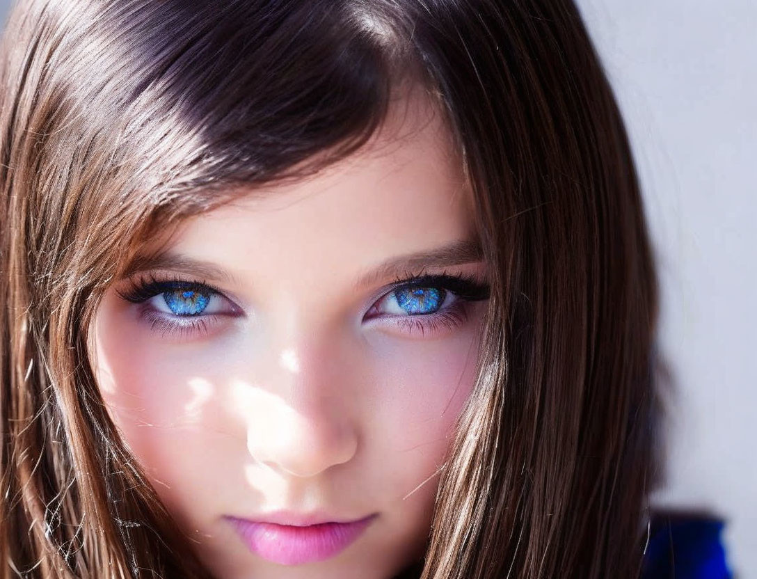 Close-up of girl with bright blue eyes and long brown hair in sunlight