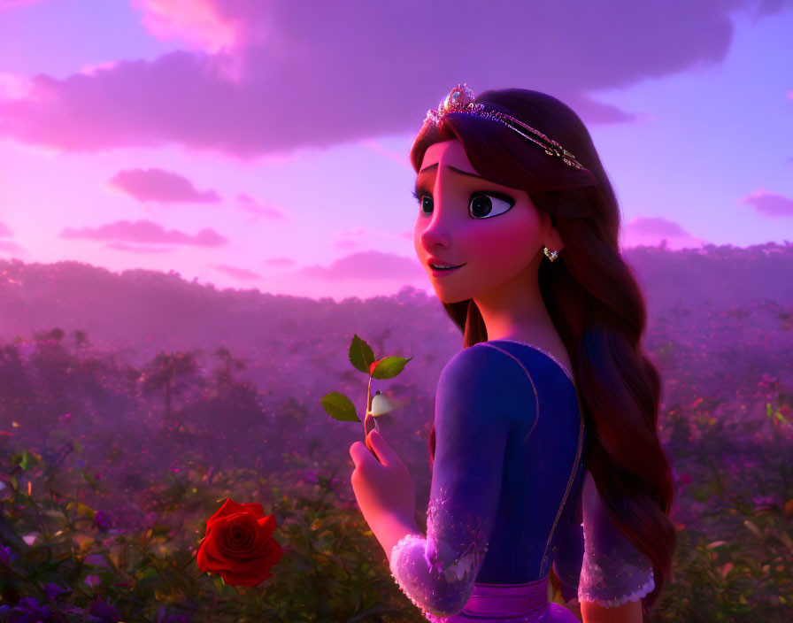 Animated princess in purple dress with rose in vibrant sunset forest.