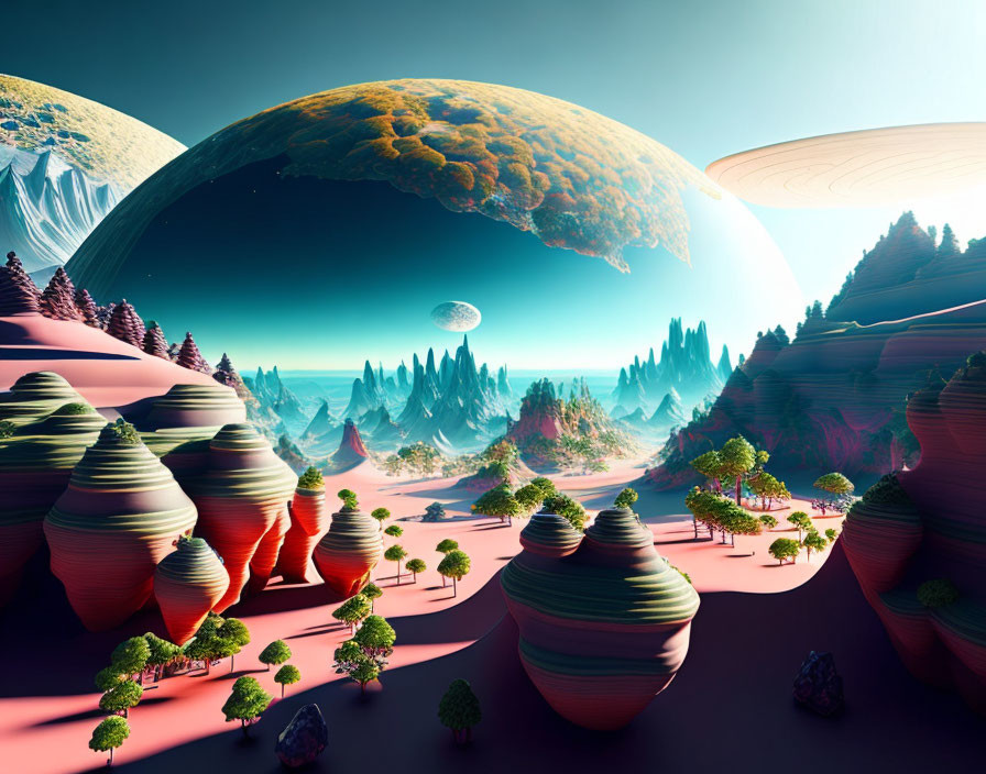 Vibrant surreal landscape with striped rock formations and oversized celestial bodies