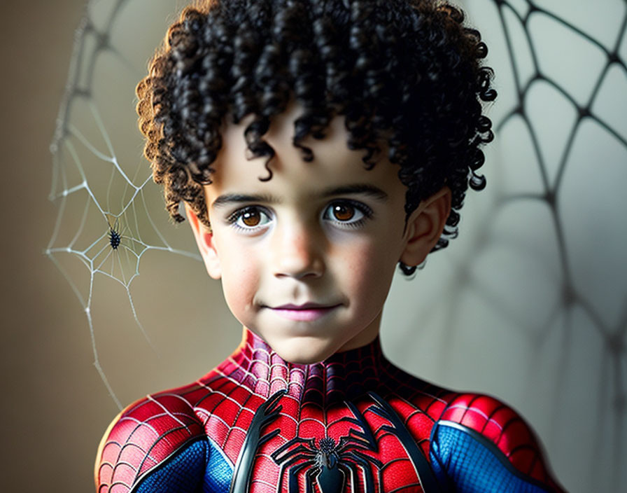 Child in Spider-Man costume near web, exuding vigilance and confidence