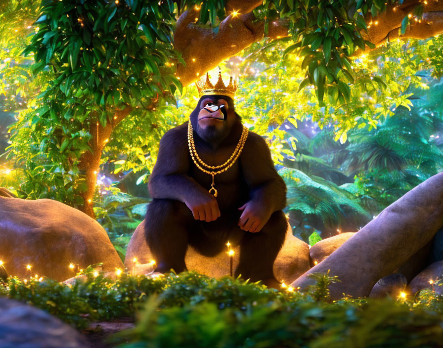 Regal animated gorilla in magical forest with crown and necklace