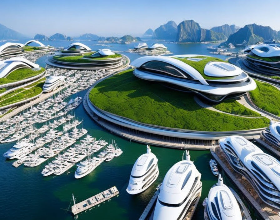 Sleek Green-Roofed Buildings in Futuristic Marina