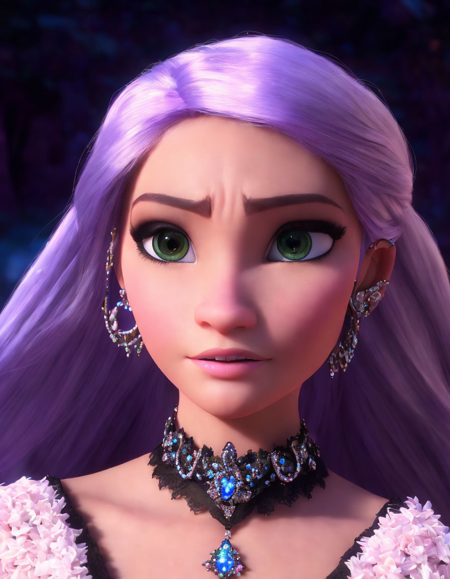 Detailed Close-Up of 3D Animated Character with Purple Hair and Ornate Accessories