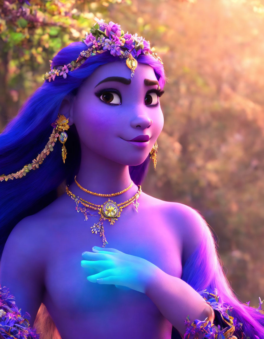 Purple-skinned animated character with blue hair and golden jewelry in magical forest setting.