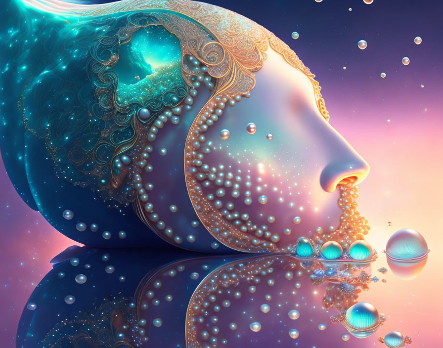 Ornate surreal woman profile with pearls and bubbles on cosmic blue background