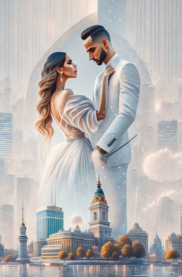 Illustrated elegant couple in intimate moment with stylized cityscape.