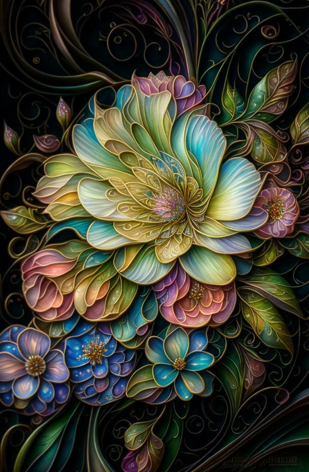 Colorful digital artwork: intricate flower with overlapping petals in green, blue, and pink, surrounded by