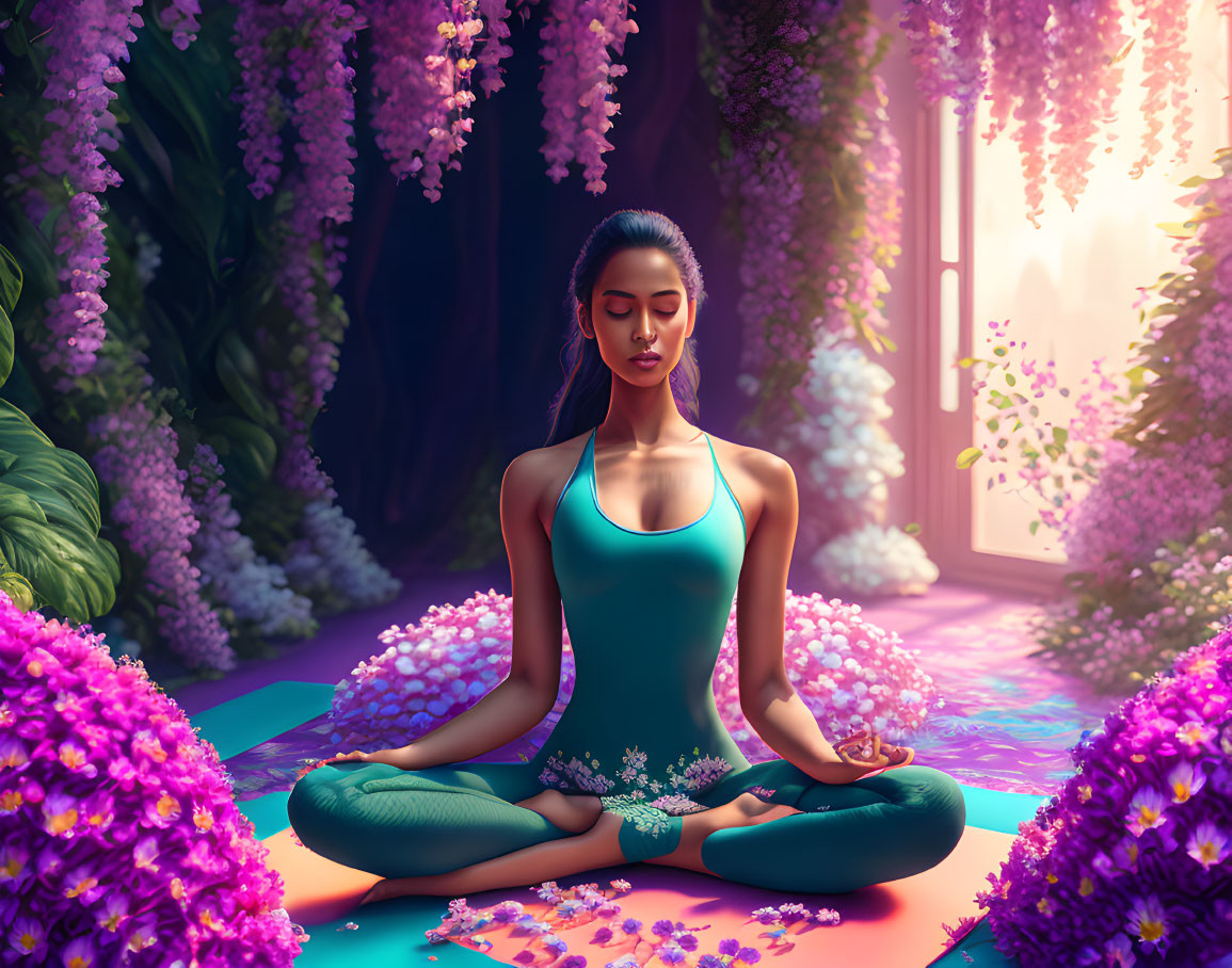 Woman Meditating in Lotus Pose Among Purple Flowers