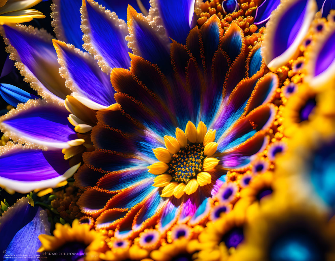 Close-up Photo: Vibrant Daisy-like Flowers in Purple, Blue, and Yellow