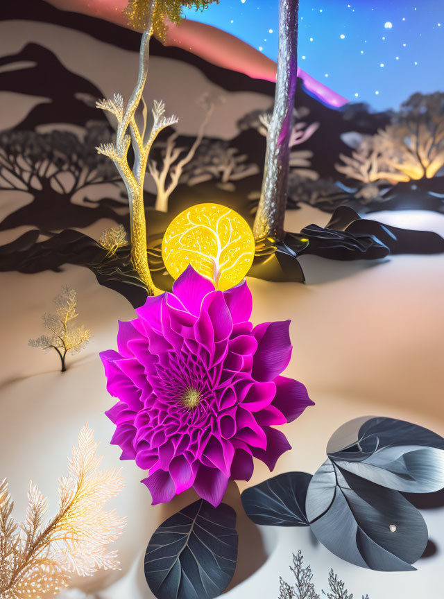 Colorful Paper Art Display: Large Purple Flower, Intricate Trees, Moon, and Starry Sky