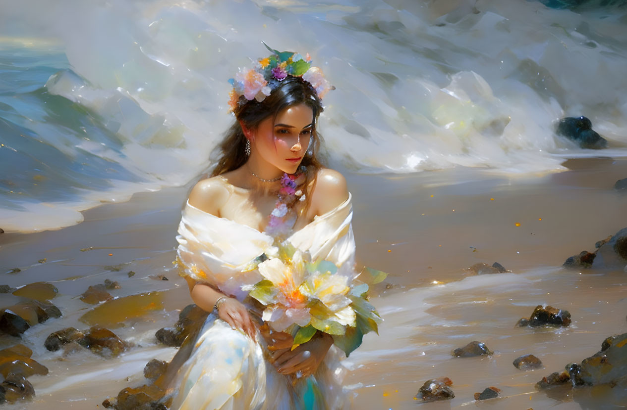 Woman with floral crown and bouquet by seaside waves