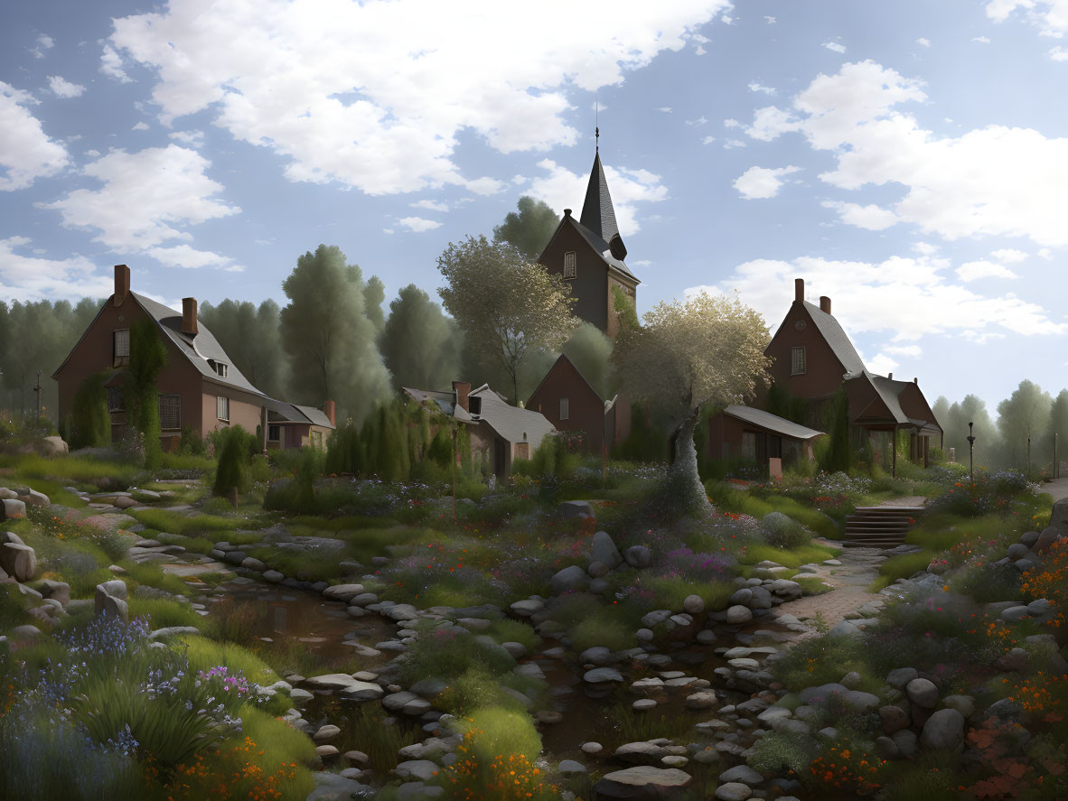 Tranquil village scene with houses, church spire, stream, and wildflowers