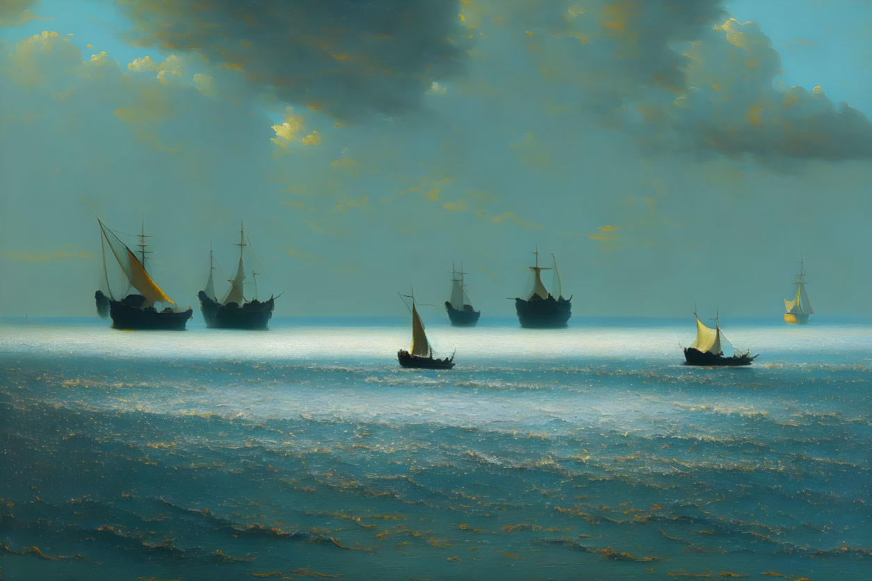 Vintage sailing ships on calm sea under hazy golden sky.