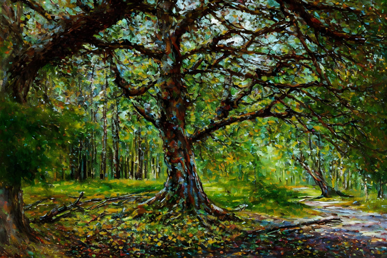 Colorful oil painting of a majestic tree in a lush green forest