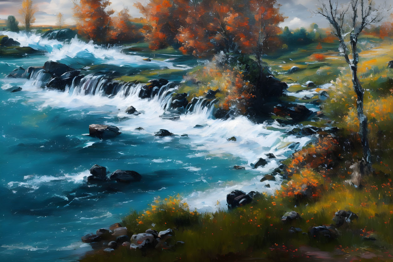 Vibrant autumn waterfall painting with orange and yellow trees