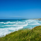 Tranquil coastal landscape with meadow, ocean waves, and distant mountains