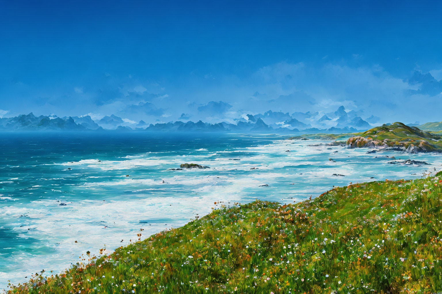 Tranquil coastal landscape with meadow, ocean waves, and distant mountains