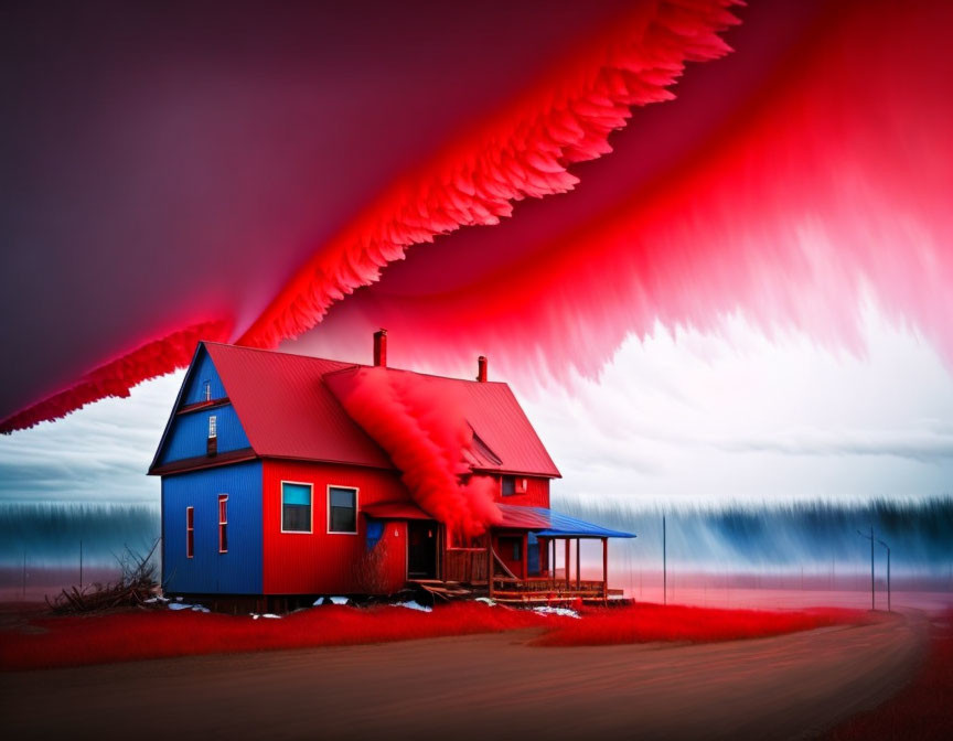 Vibrant Blue House Under Surreal Red Sky