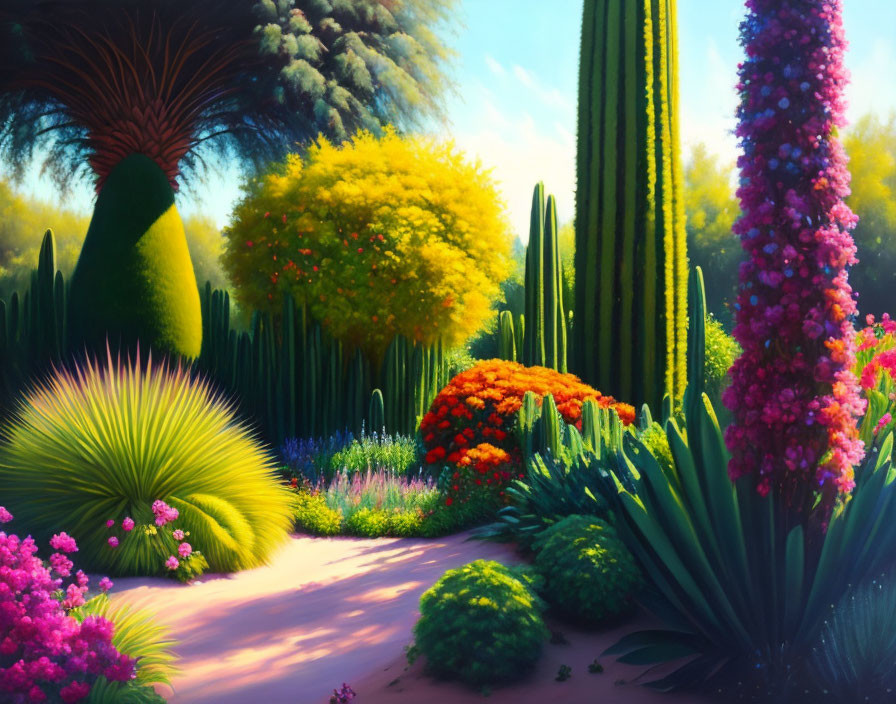 Colorful Flower and Cacti Lined Garden Path Under Sunlit Sky