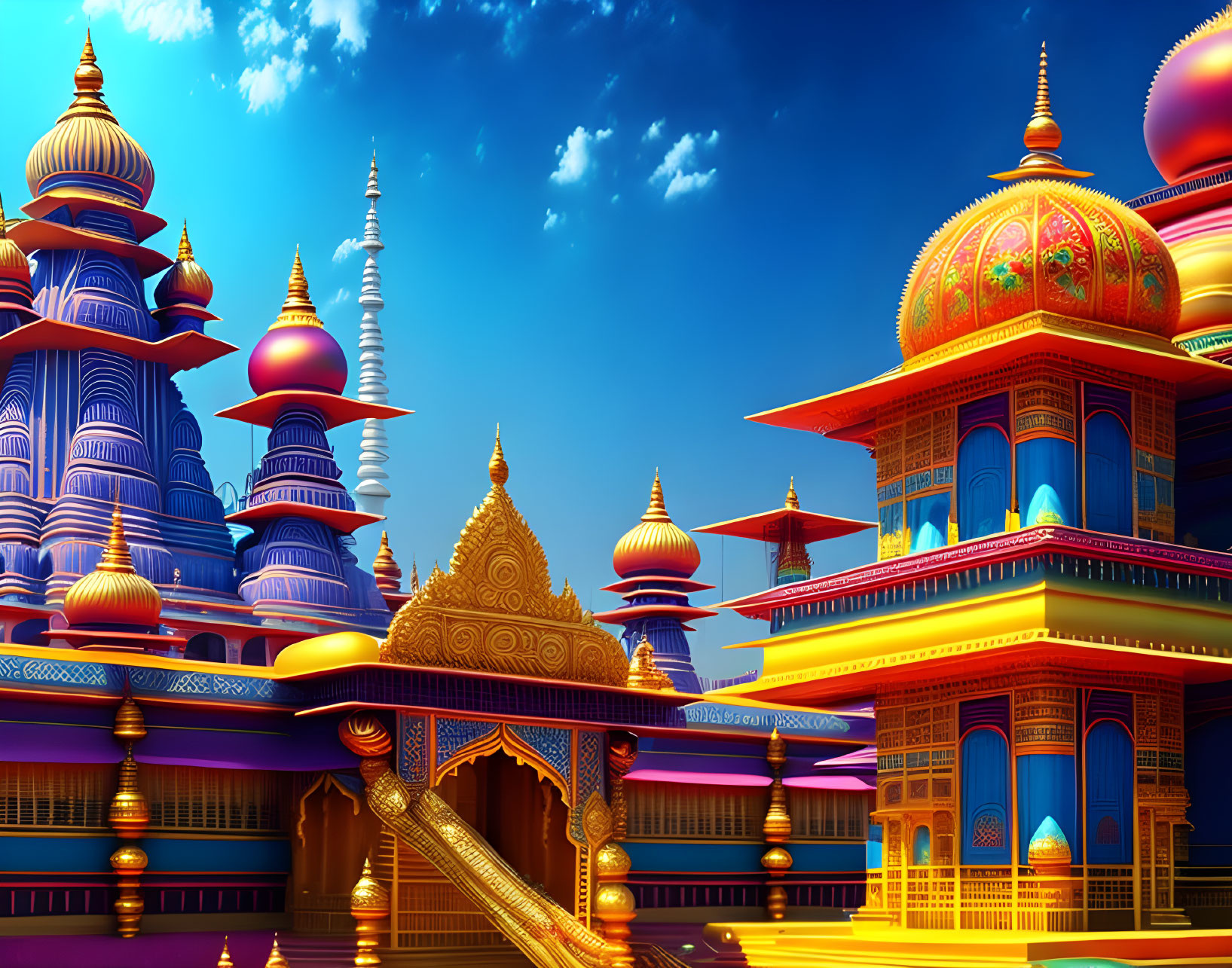 Fantastical palace illustration with vibrant colors and ornate architecture