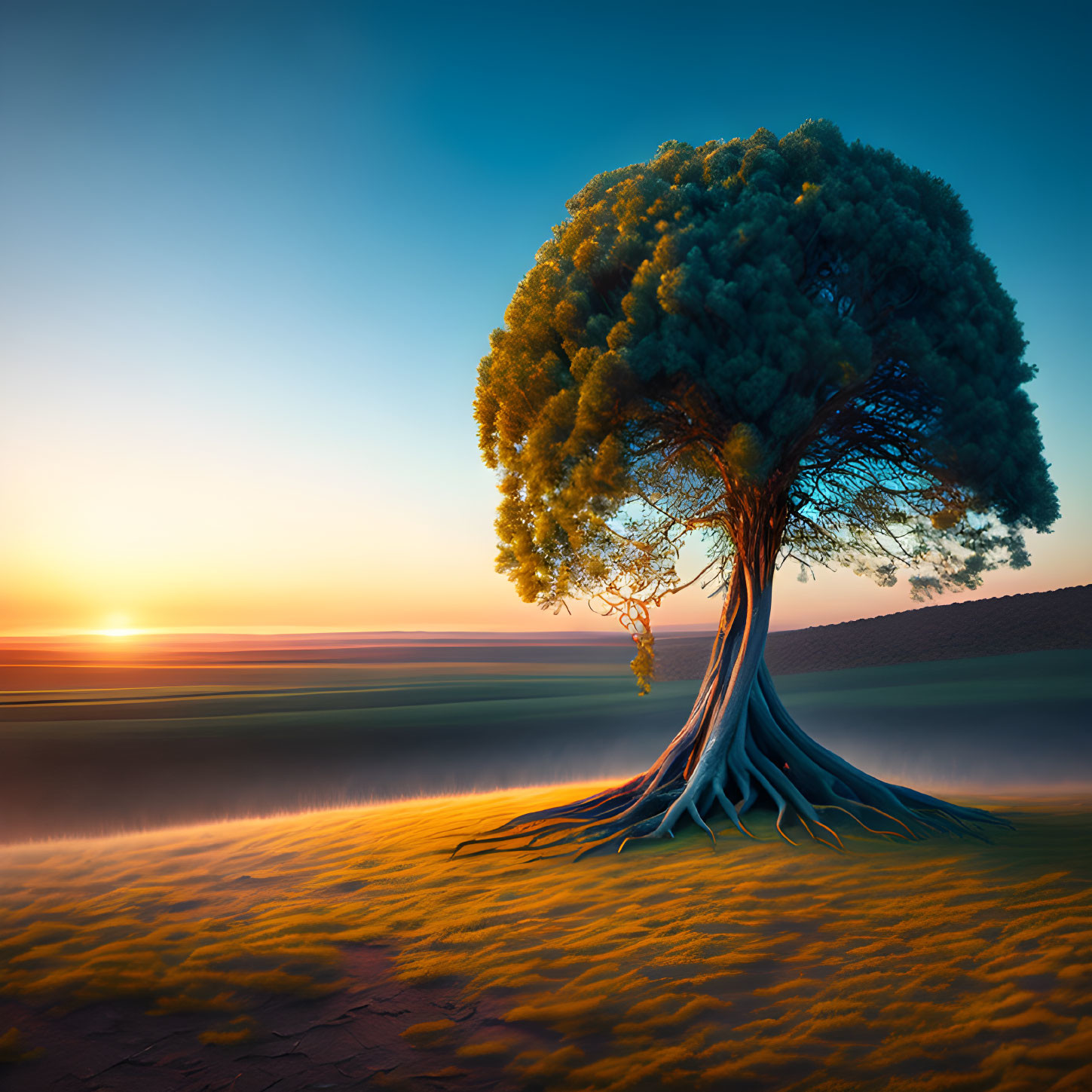 Lush Canopy Tree on Grassy Plain at Sunset