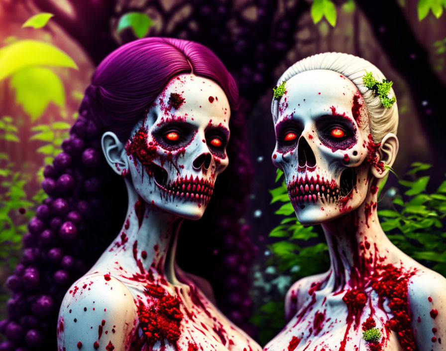 Skull makeup figures in dark, lush setting with blood splatter