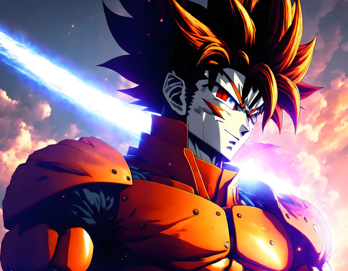 Spiky-haired anime character in orange and blue outfit against dramatic sky