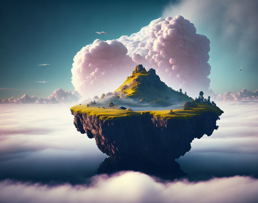 Scenic floating island with greenery, mountain, birds, pink-and-white clouds