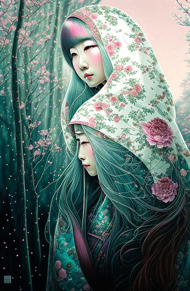 Illustration of two women in traditional attire in mystical forest