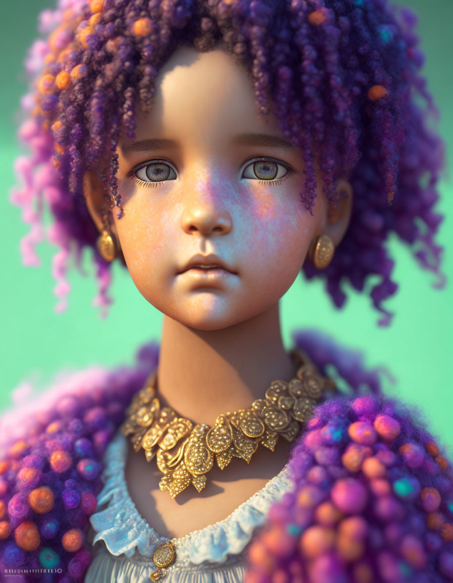 Portrait of Young Girl with Purple Curly Hair and Pastel Dress