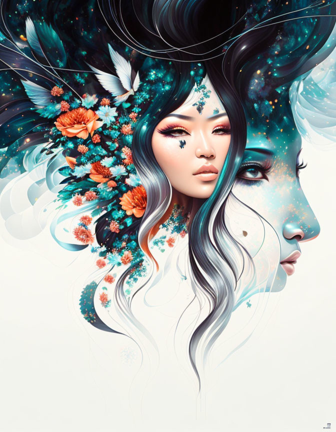 Surreal illustration of woman with white hair and celestial elements