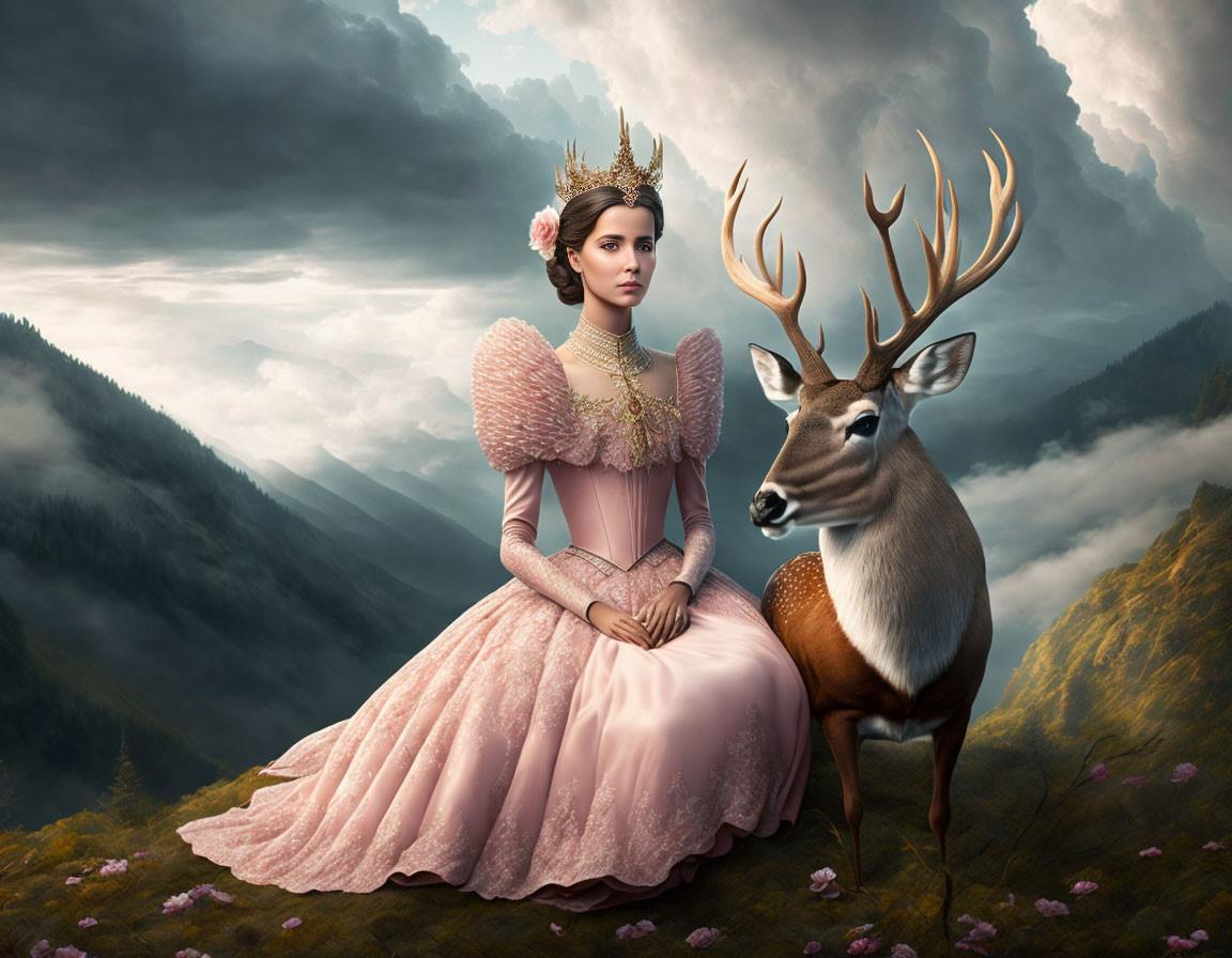 Victorian woman in pink gown with crown next to deer in misty mountain setting