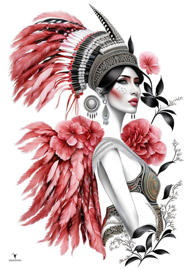 Illustration of woman with red feather headdress and intricate jewelry on floral background