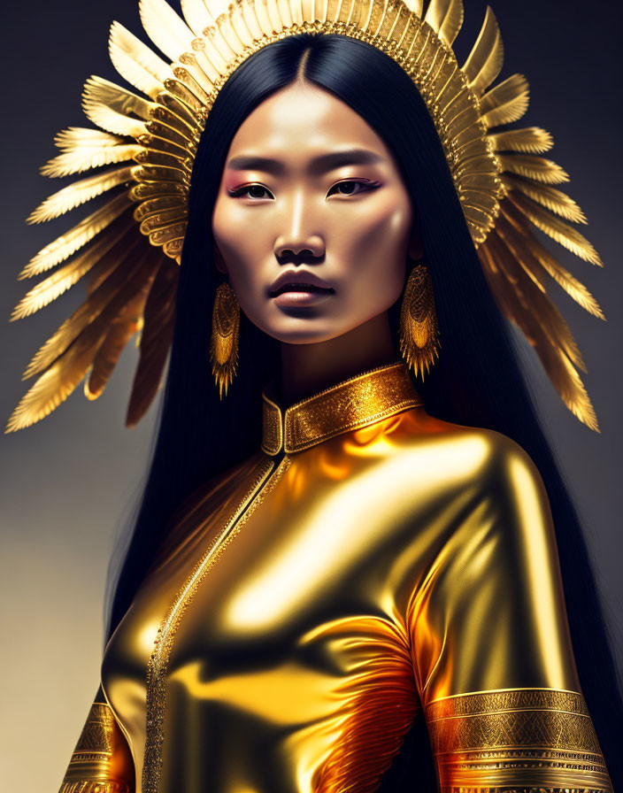 Striking Makeup and Gold Attire with Feathered Headdress