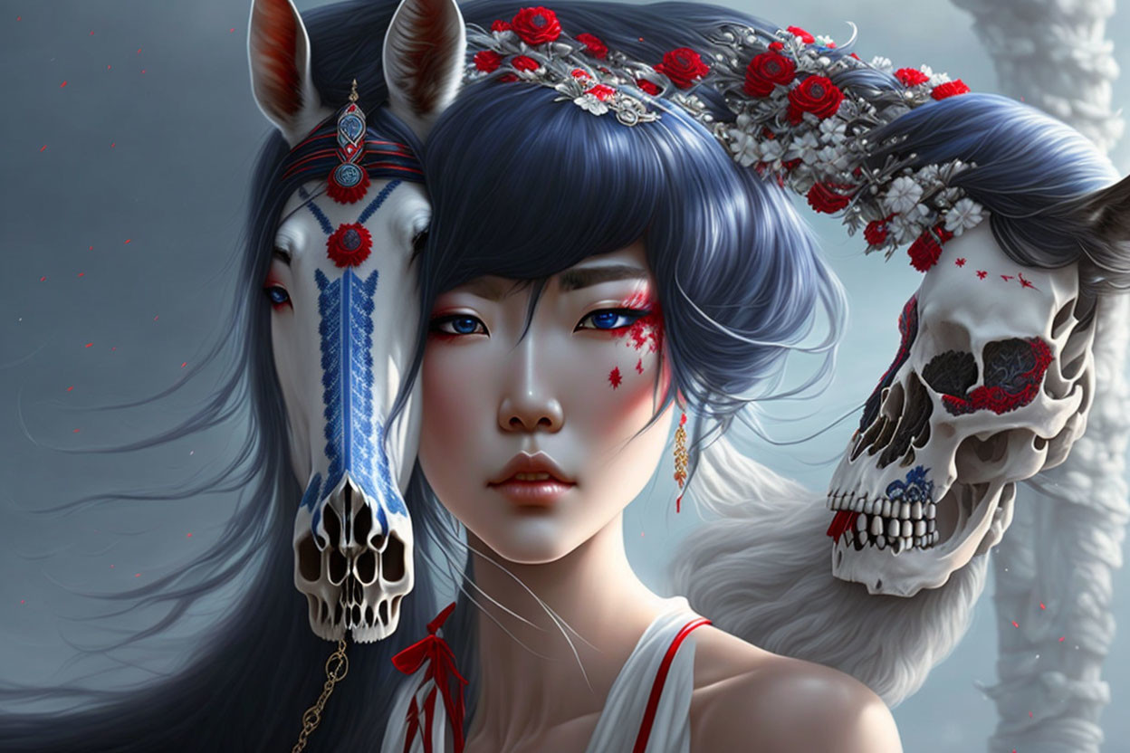 Surreal portrait of woman-horse fusion with skull elements and red flowers on grey backdrop