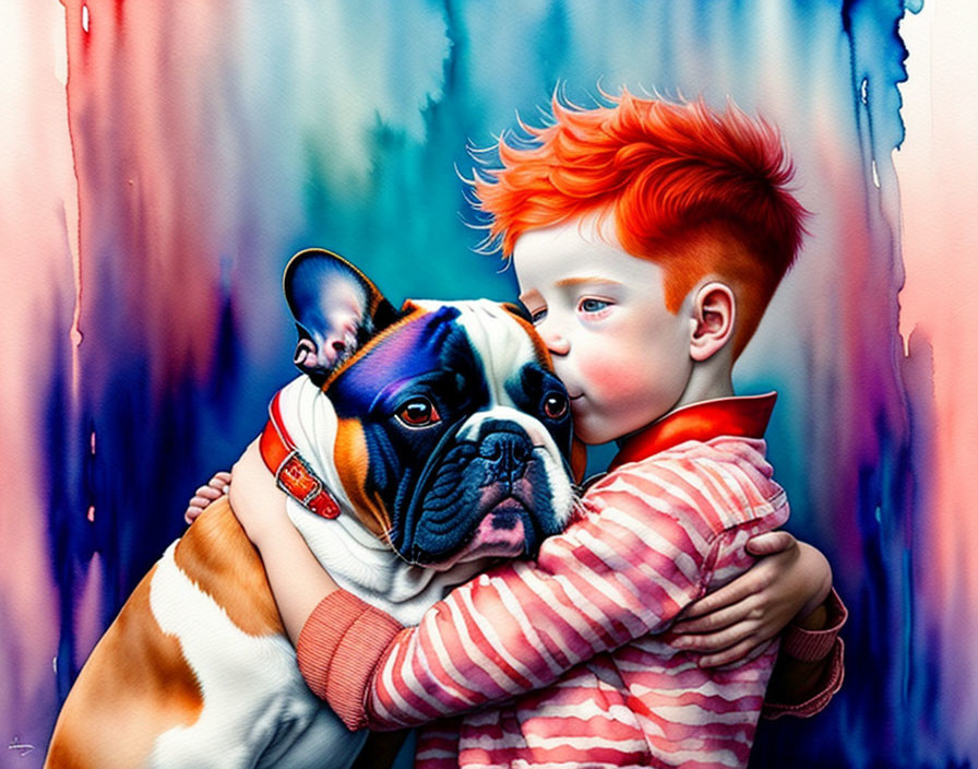 Vibrant illustration of child with red hair hugging bulldog on colorful background