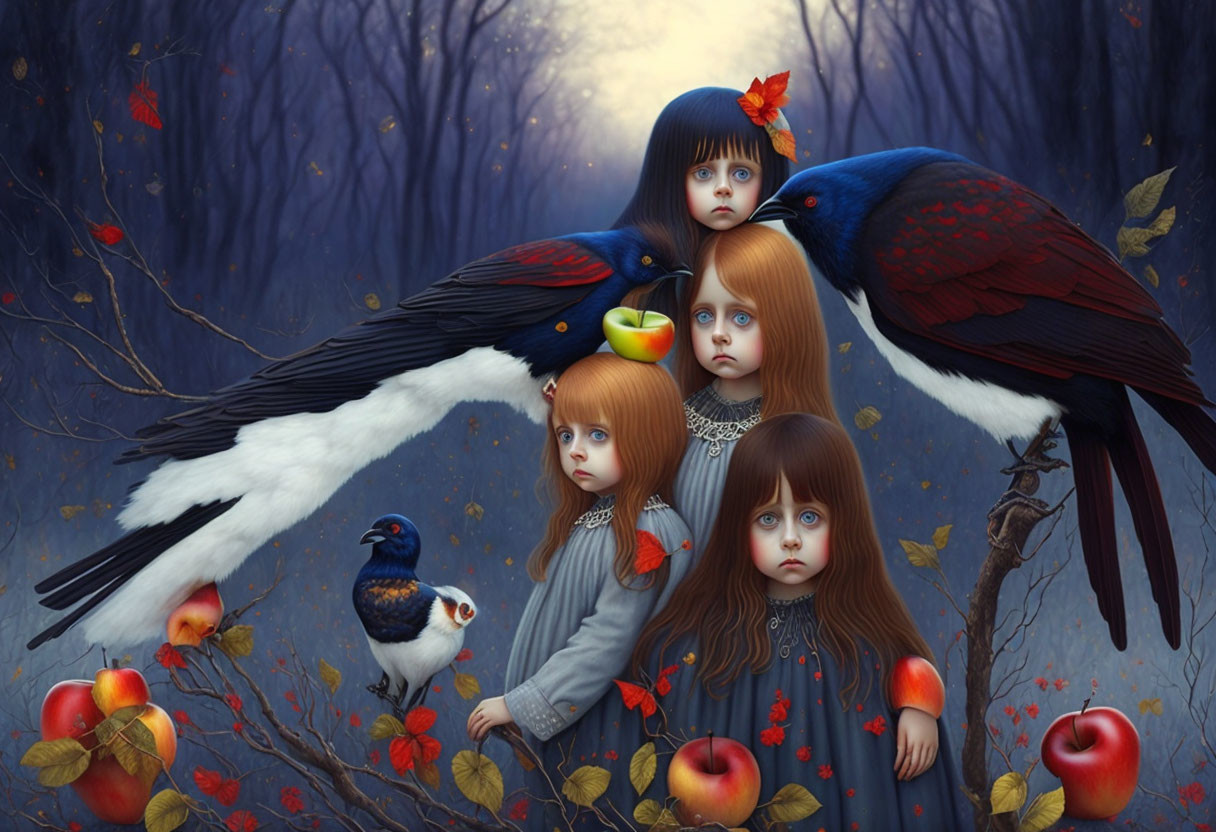 Four girls in twilight forest with oversized birds, apples, and blossoms