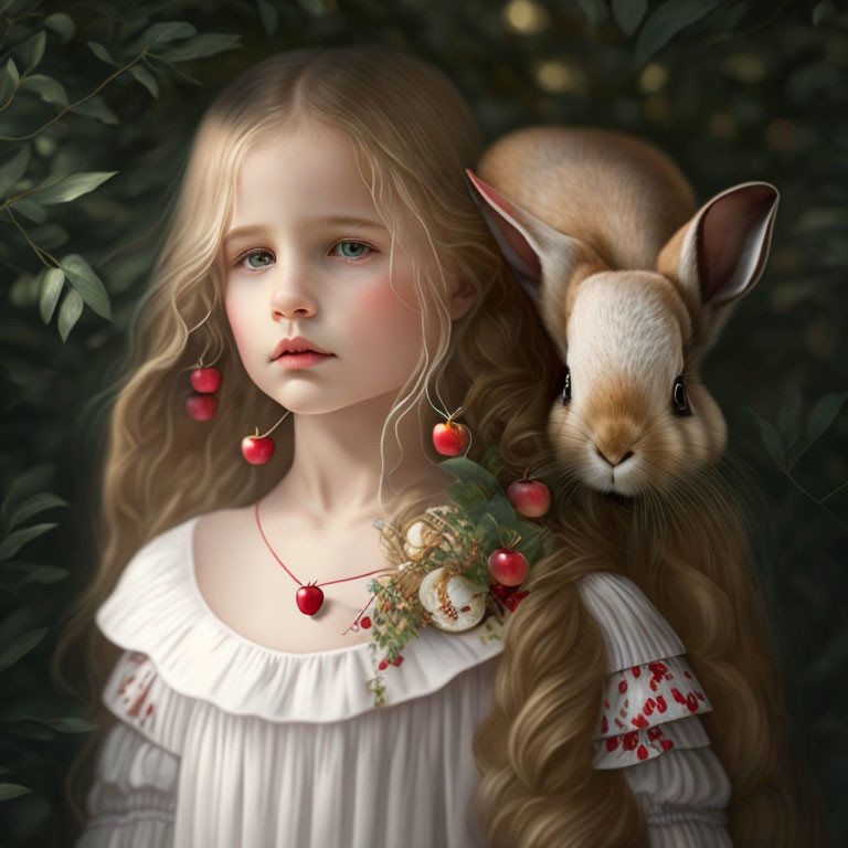 Young girl with wavy blonde hair, blue eyes, red berries, bird's nest, and brown