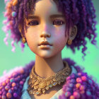 Portrait of Young Girl with Purple Curly Hair and Pastel Dress