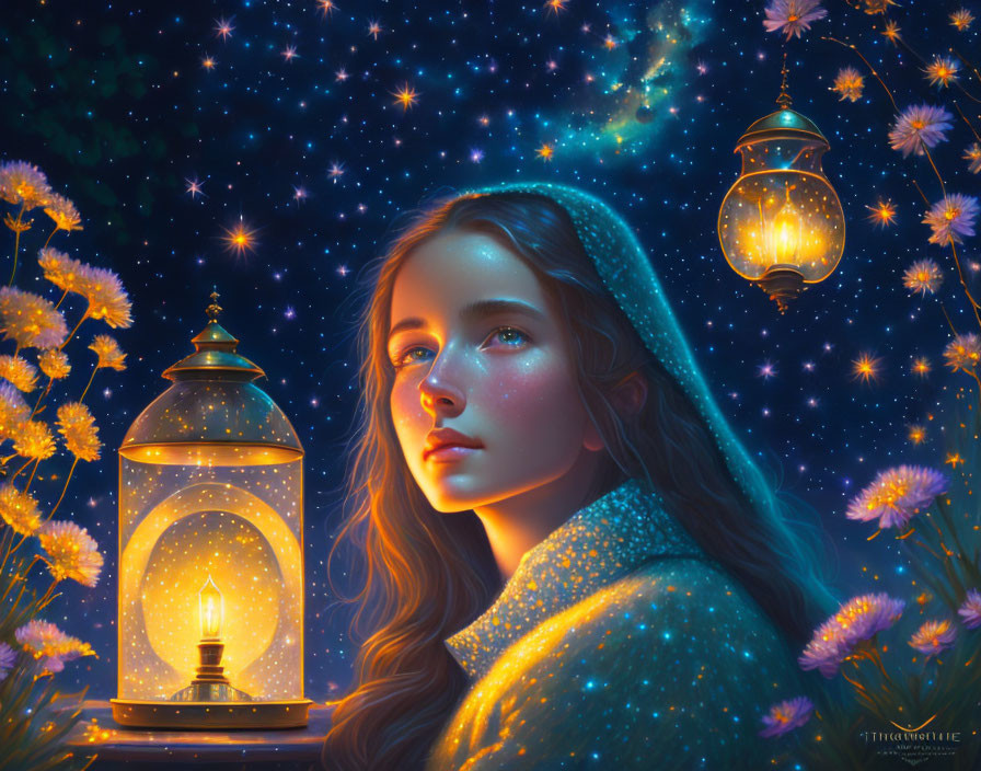 Young woman with blue hood and lantern under starry night sky with glowing dandelion seeds