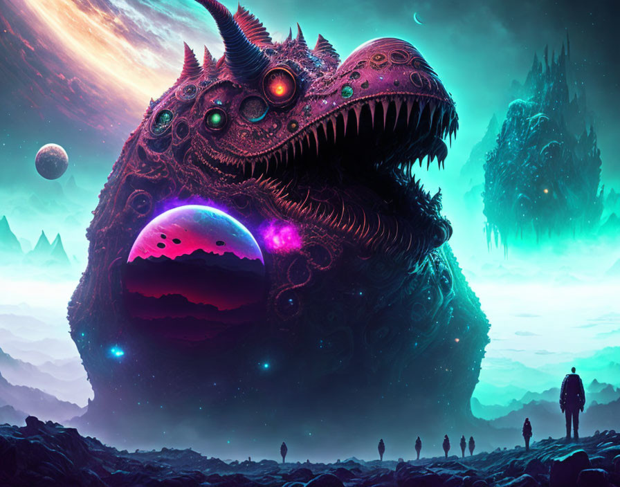 Surreal alien landscape with gigantic multi-eyed creature