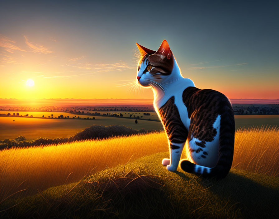 Cat with unique fur patterns on grassy hill at sunset